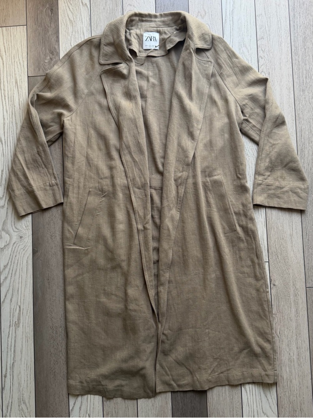 Zara Womens Linen Khaki Long Trench Coat - Picture 2 of 6